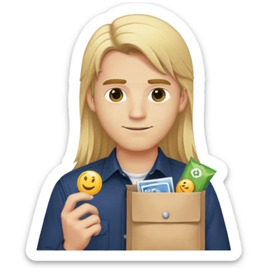 Guy with long straight blonde hair and navy button up holding a packet sticker