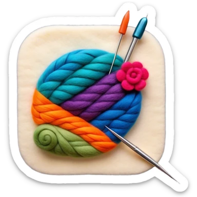 Felt art icon, colorful felt pieces being layered and shaped into a picture or decorative piece, felting needle and tools, intricate felted design in progress, minimalistic style, clean lines, transparent background. sticker