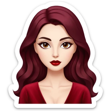 Glamorous woman with radiant fair skin, elongated face, large dark almond eyes with dramatic eyeliner, thick defined eyebrows, full red lips, long dark straight hair with soft waves at ends, wearing wine red velvet V-neck dress, confident expression sticker