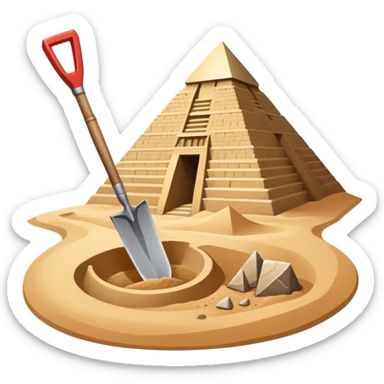 An icon showing archaeological tools like a trowel, brush, and pickaxe placed on sandy ground, with an Egyptian pyramid in the background. The design symbolizes excavation and discovery of ancient history, blending tools and iconic landmarks. Transparent background. sticker