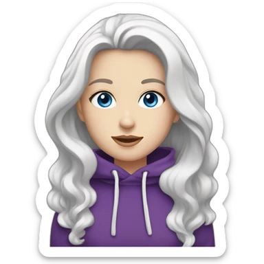 girl with blue eyes and white skin and long wavy dark brown hair with high aristocratic cheekbones in a purple hoodie sticker