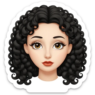 persona mujer con piel clara y rizos suaves color negro y largos  y sin volumen y con delineador en los ojos y con los labios medianos, ojos almendrados y nariz respringada sticker