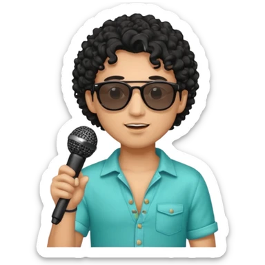 curly haired man with summer clothes and sun glasses holding microphone sticker