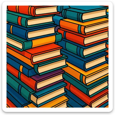 many stacked books, illustrative style, detailed, artistic sticker
