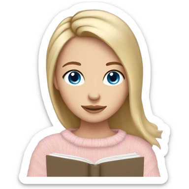 Pretty blue eyed white girl with light pink sweater and dark blonde hair reading cozy sticker