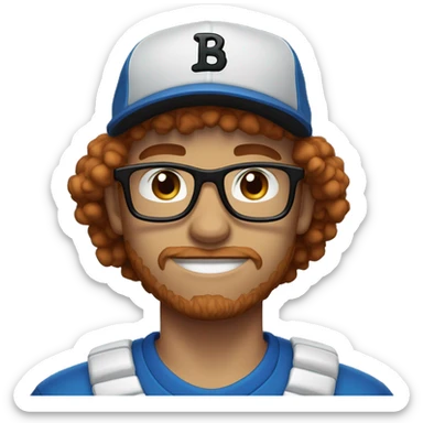 30 years old, male, red hair, curly hair, glasses, black baseball hat, blue eyes, pale complexion, stubble facial hair sticker