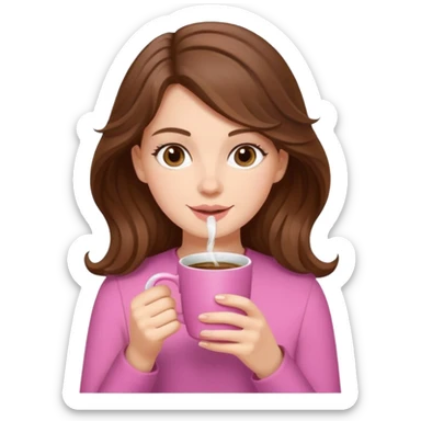 young white girl with wavy brown hair drinking coffee from a pink cup emoji sticker