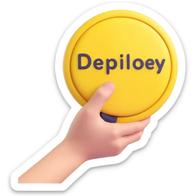 giant yellow button labeled 'Deploy' squished under a hand pressing it with great force with cartoon motion effects, colorful emoji style sticker