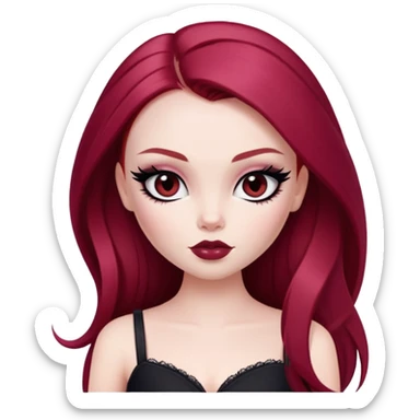 straight long wine red hair, pale skin, dark black eyes, pretty bratz baddie, black eyeliner, blush sticker