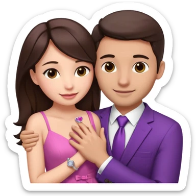 Brunette girl, with an engagement ring on her finger hugging a handsome man, (her boyfriend) both of them happy, she’s wearing a pink dress, he is wearing a suit, he’s also a rich businessman, and there is the 💜 purple heart emoji on top. They look in love with each other sticker