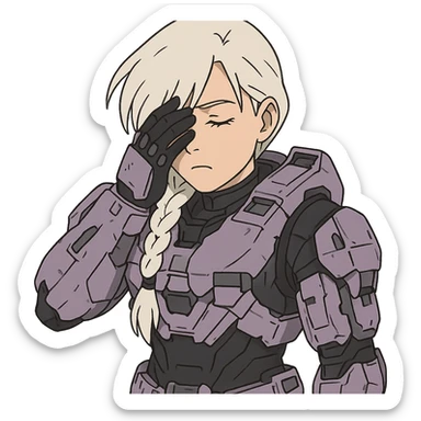 female, wearing reach spartan armor shoulder-unequip, long white braid hair with massive messy front side single bangs, gold yellow eyes, attention pose, HALO:series, no helmet, the armor is lavender color scheme, facepalm, smh, eyes closed sticker