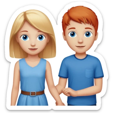 blonde haired young girl with blue eyes holding hands happily with a red headed boy with blue eyes sticker
