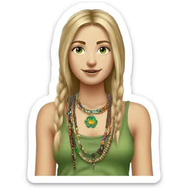 Caucasian hippie girl with straight dirty blonde hair, green eyes, baggy colorful pants and a tank top, LOTS OF bohemian bracelets and jewelry portrait sticker