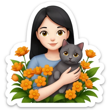 A black-haired girl happily holds a Ginger British Shorthair Cat in the flowers sticker