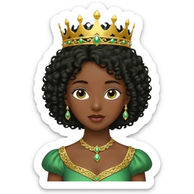 balck princess with black curly hair and a golden tiara. Green dress sticker