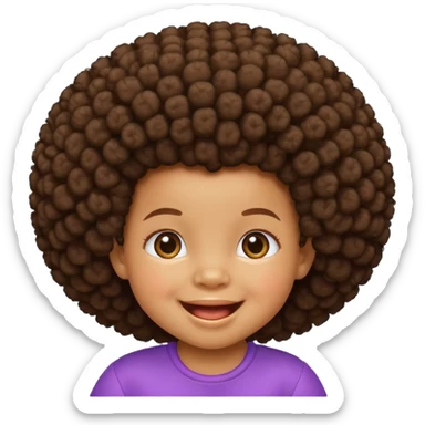 a smiling baby with a big afro sticker