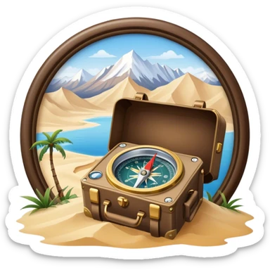 Icon for Expeditions: a compass, a map, a backpack and a rugged expedition jeep, set against a backdrop of snowy mountains, sand dunes and tropical islands. The icon should capture the spirit of adventure and exploration in diverse landscapes. Transparent background. sticker
