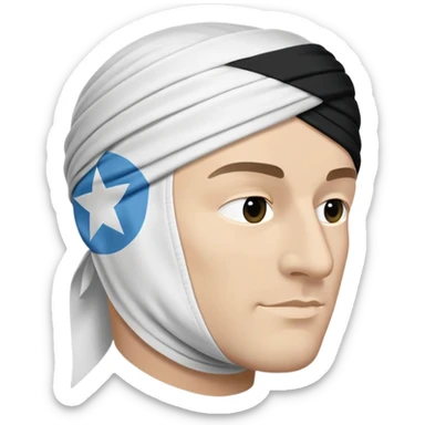 Un drapeau blanc avec au centre une tête de Maure (un homme noir) de profil, tournée vers la gauche avec : 	•	Un bandeau blanc ou serre-tête noué autour du front, 	•	Les traits du visage bien visibles (nez, lèvres, oreille),  sticker