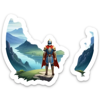 An icon featuring a hero with a closed visor, standing in a majestic, mystical landscape, inspired by RPGs like Elden Ring. The design includes a stunning, ethereal background with towering castles and distant mountains, symbolizing the adventure and mystery. Transparent background sticker