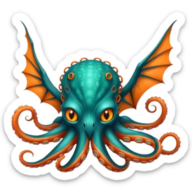 Create a mystical sea guardian that combines the ethereal psychic powers and cute feline form of the first creature with the oceanic draconic might and tentacled body of the second, resulting in a teal-and-orange telepathic cat-octopus-dragon that commands both the depths and the mind. sticker