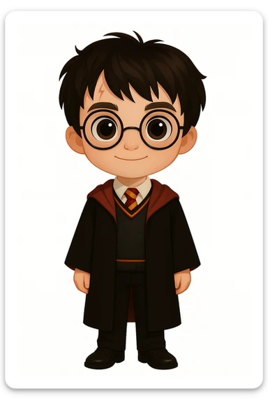 Adjust Harry Potter to full body, standing, wearing traditional Gryffindor uniform, round glasses, scar on forehead, large eyes, and exactly the same height and proportion as the character with glasses in the second reference image. Maintain the same visual style as the original image. sticker