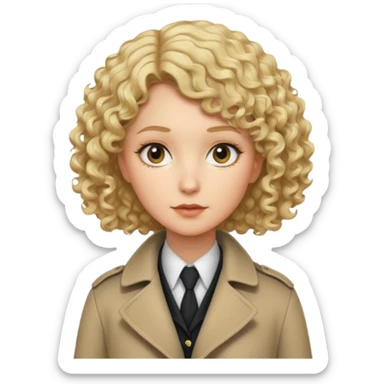 detective woman in long coat, blond short curly hair, white skin sticker