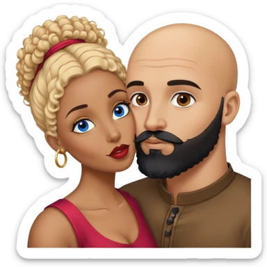 bald head man with brown eyes and black beard kissing African woman with blue eyes and curly blonde hair sticker