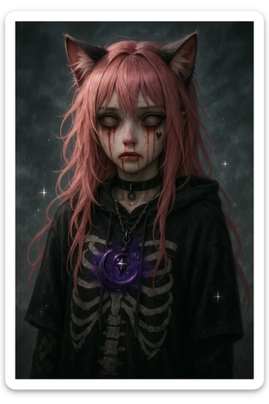 realistic anime catgirl with pink hair, emo streetwear, heart tattoo under left eye, dark magical accessory, sparkles, stormy background, blood tears horror look with crying blood, hollow stare, unsettling aura sticker