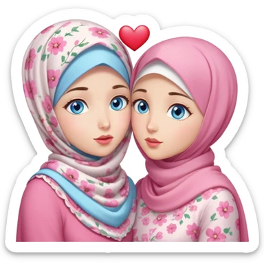 Two Turkish beautiful finish Konya friendly girls blue eyes with pink floral hijab and heart dress and Scattering kisses outside  sticker