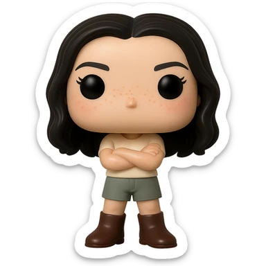 Edit the image into a Funko Pop style vinyl figure with realistic details. The figure should have no mouth, cream-colored top, grey bottoms, dark brown boots, and arms crossed. Add slightly rosy cheeks, very light freckles, and a mischievous and cheerful expression. The figure has dark hair. Remove the background to make it transparent. sticker