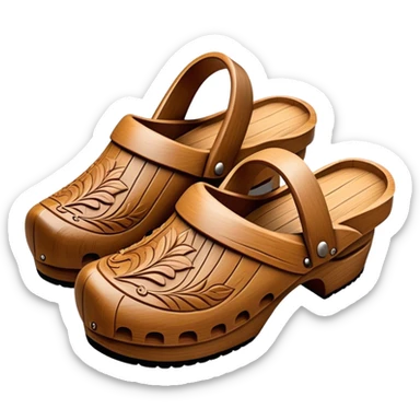 Cinematic Realistic Wooden Clogs Emoji, depicted as a pair of traditionally carved wooden clogs with intricate details and rustic charm. sticker