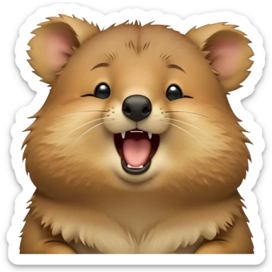 cinematic-realistic  yawning quokka-emoji,-small-round-frame, head tilted in an endearing manner, wouth wide open yawning, sleepy comical smile, round fluffy cheeks, giant-fluffy-cheeks-large-smile-fluffy-brown-fur-radiating-a-warm-softness,-big-round-eyes-filled-with-joy, realistic round  fluffy zoomed in, large black eyes one paw raised in the air sticker