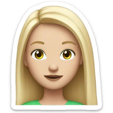 white girl with blonde straight hair past her shoulders and green eyes, and apple laptop in front of her sticker