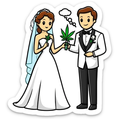 Bride in white dress and groom in tuxedo sharing a cannabis joint, cheerful cartoon wedding couple sticker