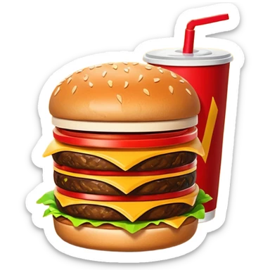 A clean and simple icon of fast food in emoji-style illustration. A burger with fries and a soda cup, bright and bold colors, simple shapes, flat design, high contrast, inviting and appetizing. sticker