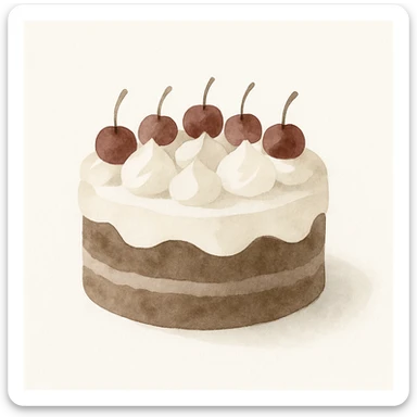 black forest cake, watercolor style, soft brush strokes, chocolate, cream, cherries, artistic and elegant sticker