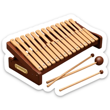 Create a detailed and professional emoji representing a Fleet FLT-SX37 long orchestral wooden xylophone. The design should showcase the large wooden bars of the xylophone, arranged in a traditional setup, with soft metallic accents on the mallets. The bars should have a rich wood texture, with polished details to reflect the quality of the instrument. The mallets should be held above the bars, with the heads clearly visible. Use warm, rich wood tones like mahogany and light brown, with silver or metallic accents for the mallets. Add subtle musical notes floating above the xylophone to emphasize its melodic sound. The background should be transparent. sticker