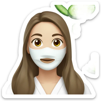 White girl with Brown hair and blue eyes wears a Green skincare textured mask and puts on cucumbers around her eyes while She relaxes in her white Robe sticker
