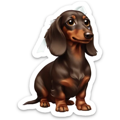 a chocolate long-haired dachshund with white bows sticker