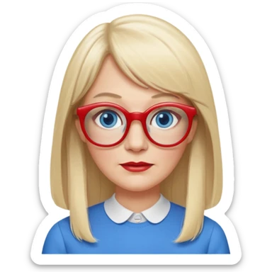 50 yr old white woman, pale skin, long straight blond hair parted in center, blue eyes, bangs, clothes for school, big red glasses, oval face,  sticker