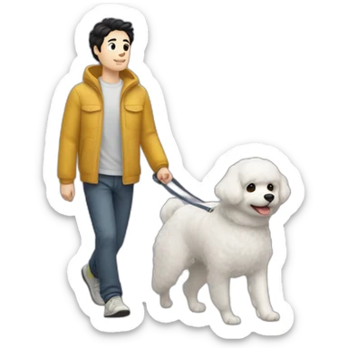 a 32-year-old man with pale skin and black hair going for a walk with a female 9-year-old Bichón Frisé dog. There shouldn't be a third person in the image, sticker