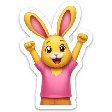 pink rabbit in yellow teeshirt arms up sticker