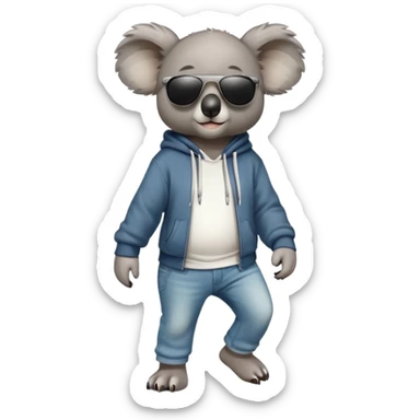 anthropomorphised koala full body wearing a hoodie and jeans dark sunglasses walking different pose sticker