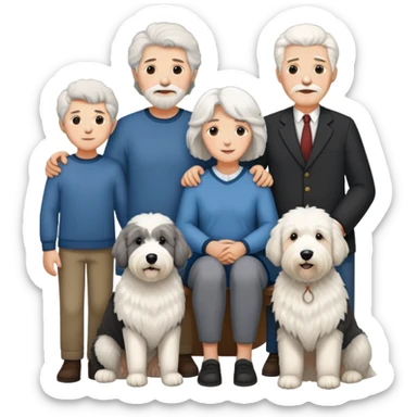 A family with mom, dad, three sons, and an Old English Sheepdog sticker