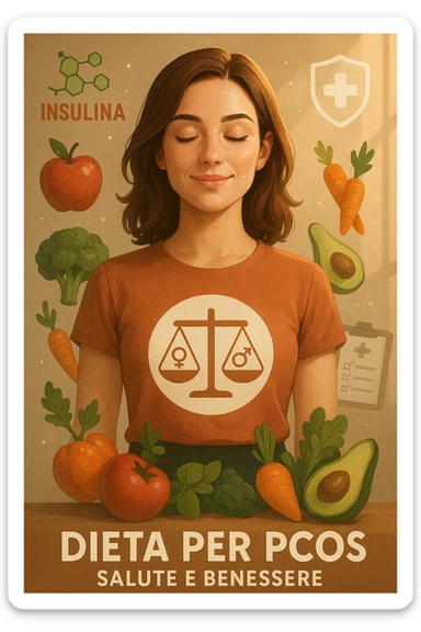 vertical cinematic illustration of a healthy-looking woman with regular insulin thanks to a diet for PCOS, visual elements of health and hormonal harmony, positive clinical atmosphere, Italian captions, aspect ratio 2:3 sticker