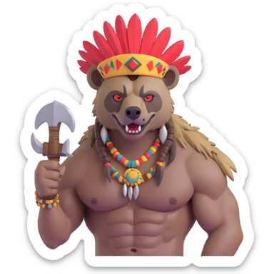 A native strong buff hyena with war bonnet flexing posing holding a chopped off human head by the hair  sticker