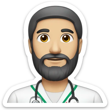 An Iranian man with fair skin, with relatively long hair and an English model, with a medical uniform and a medium-shaded black beard, handsome black eyes and a round face and big lips. sticker