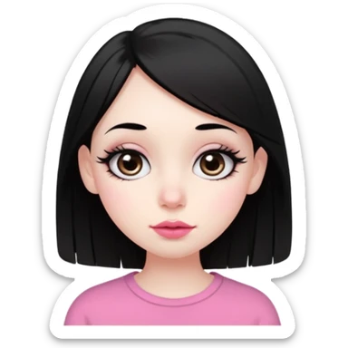 Pretty girly girl,pale skin,medium black hair,big eyes with long eyelashes,big pink cheeks,medium full pink lips, medium nose a little crooked,wear a black short,thick short brown eyebrows,no makeup sticker