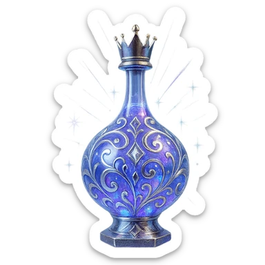 modernus prabangus eliksyro buteliukas, maža karūnos forma, spalva #7986cb, holografiniai ir sidabriniai ornamentai, stiprūs magiški švytėjimai ir efektai, labai mažas kaklelis, skaidrus fonas, vientisas dugnas, be šešėlio, plūduriuoja ore, kolekcijos stilius sticker