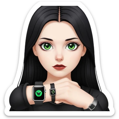 white girl, dark hair, goth style, straight hair, green eyes, without lipstick, apple watch on hand sticker